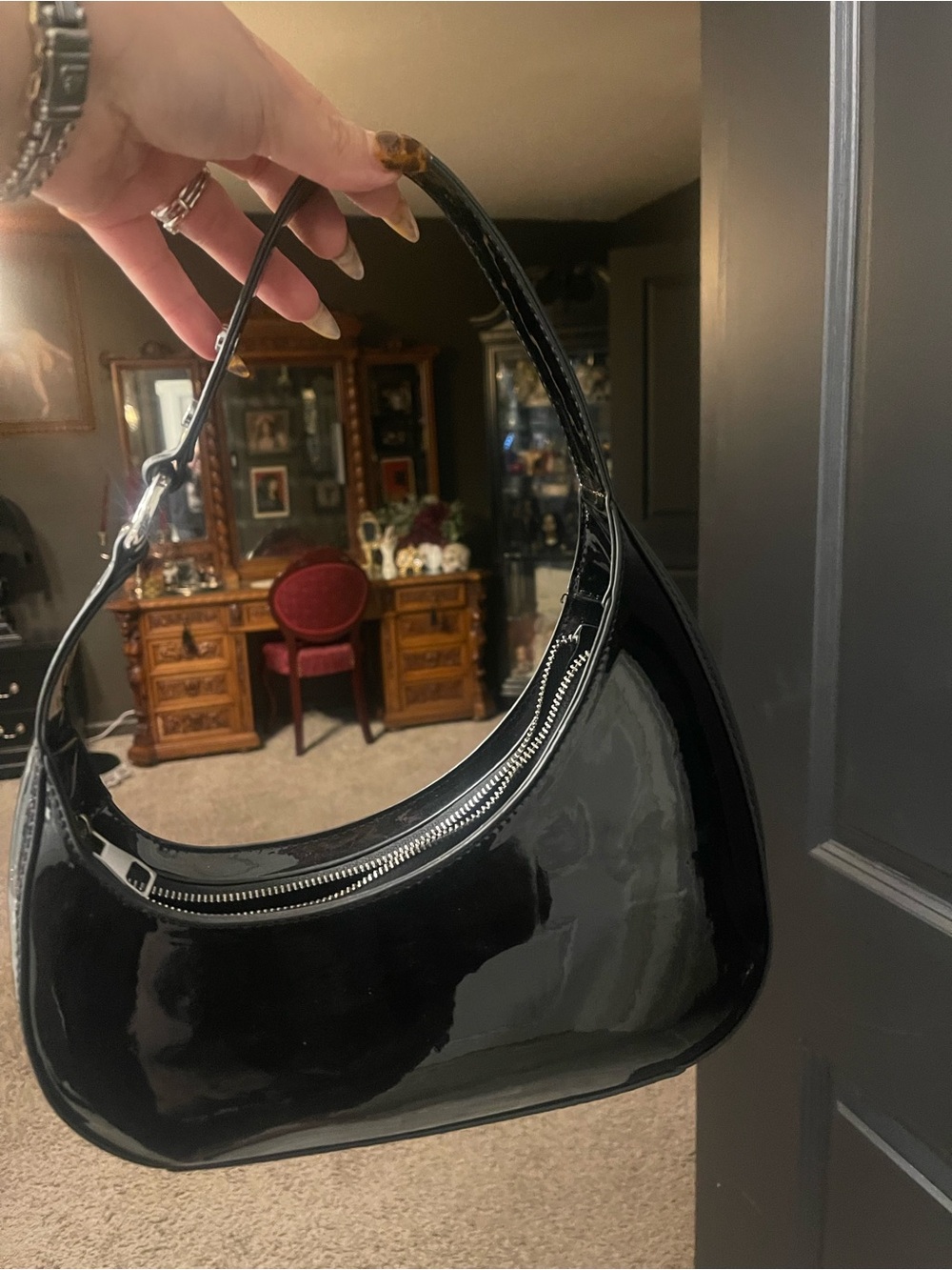 Classic Black Patent Hobo Shoulder Bag